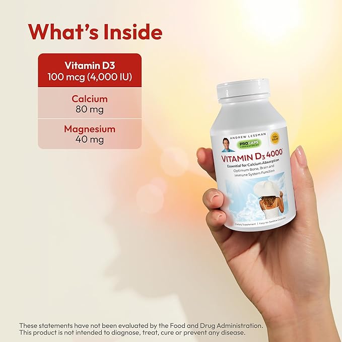 ANDREW LESSMAN Vitamin D3 4000 IU 360 Capsules - High Potency, Essential for Calcium Absorption, Supports Bone Health, Healthy Muscle Function, Immune System, More. Small Easy to Swallow Capsules