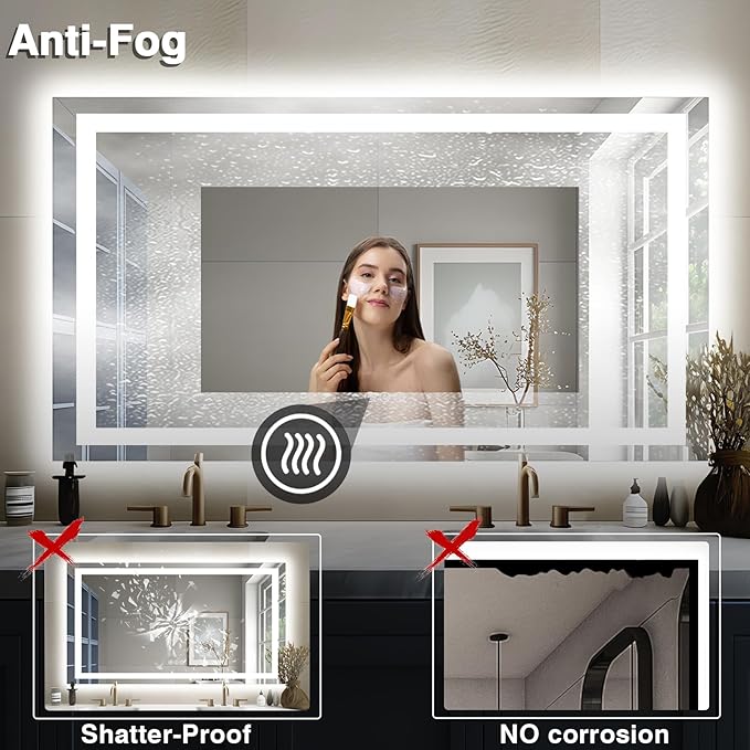 55"x30" LED Bathroom Mirrors for Wall, Front and Backlit Mirror, Anti-Fog Vanity Mirror with Lights, Stepless 3 Colors Dimmable Lighted Mirror(Horizontal/Vertical)