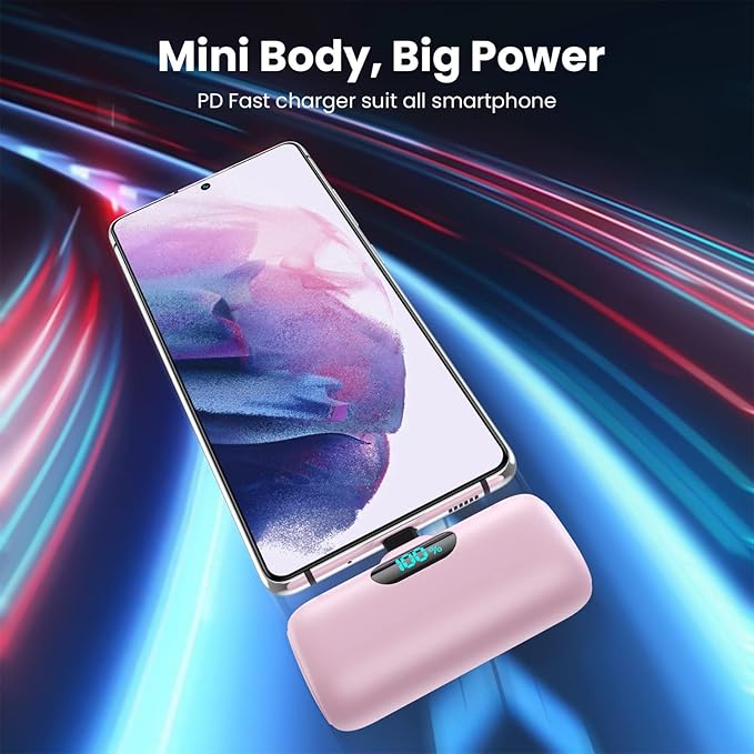 Feob Mini Portable Charger 5000mAh Power Bank,15W PD USB C Cell Phone Portable Power,LCD Display Battery Pack Compatible with iPhone 17/Air/17 Pro/17Pro Max/16/15 Android/Samsung/Moto(Type-C Only)