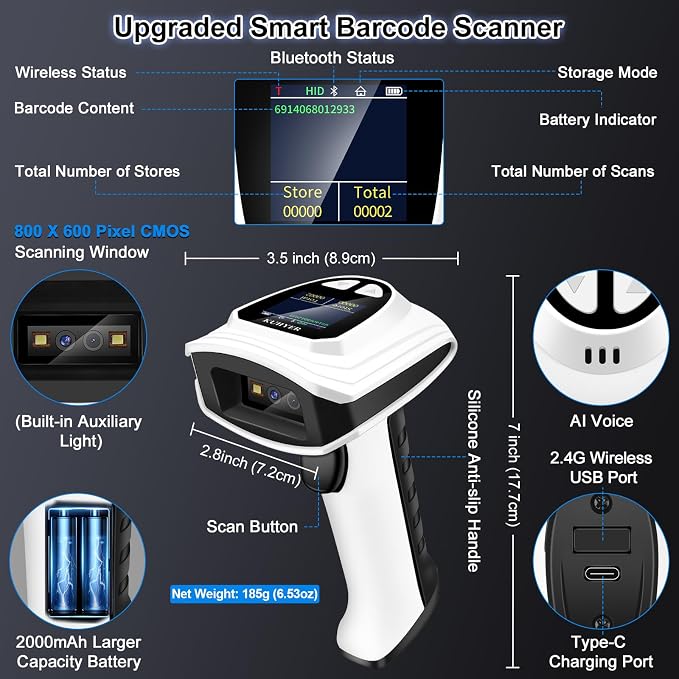 KUIIYER 1D QR 2D Barcode Scanner, Handheld Barcode Reader