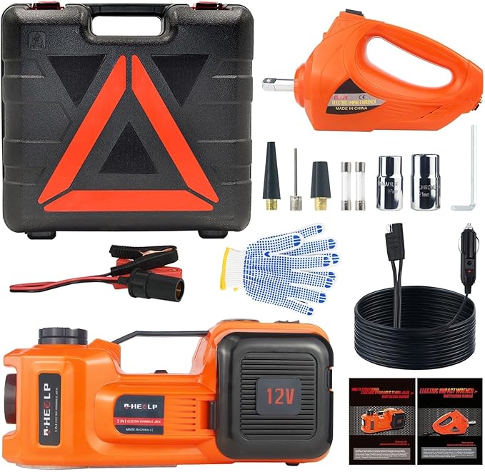 E-HEELP Electric Car Jack Kit 5Ton 12V Hydraulic Car Jack Lift (Lifting Range: 6.1~17.7 inch) with Electric Impact Wrench for SUV MPV Sedan Truck Change Tires Garage Repair