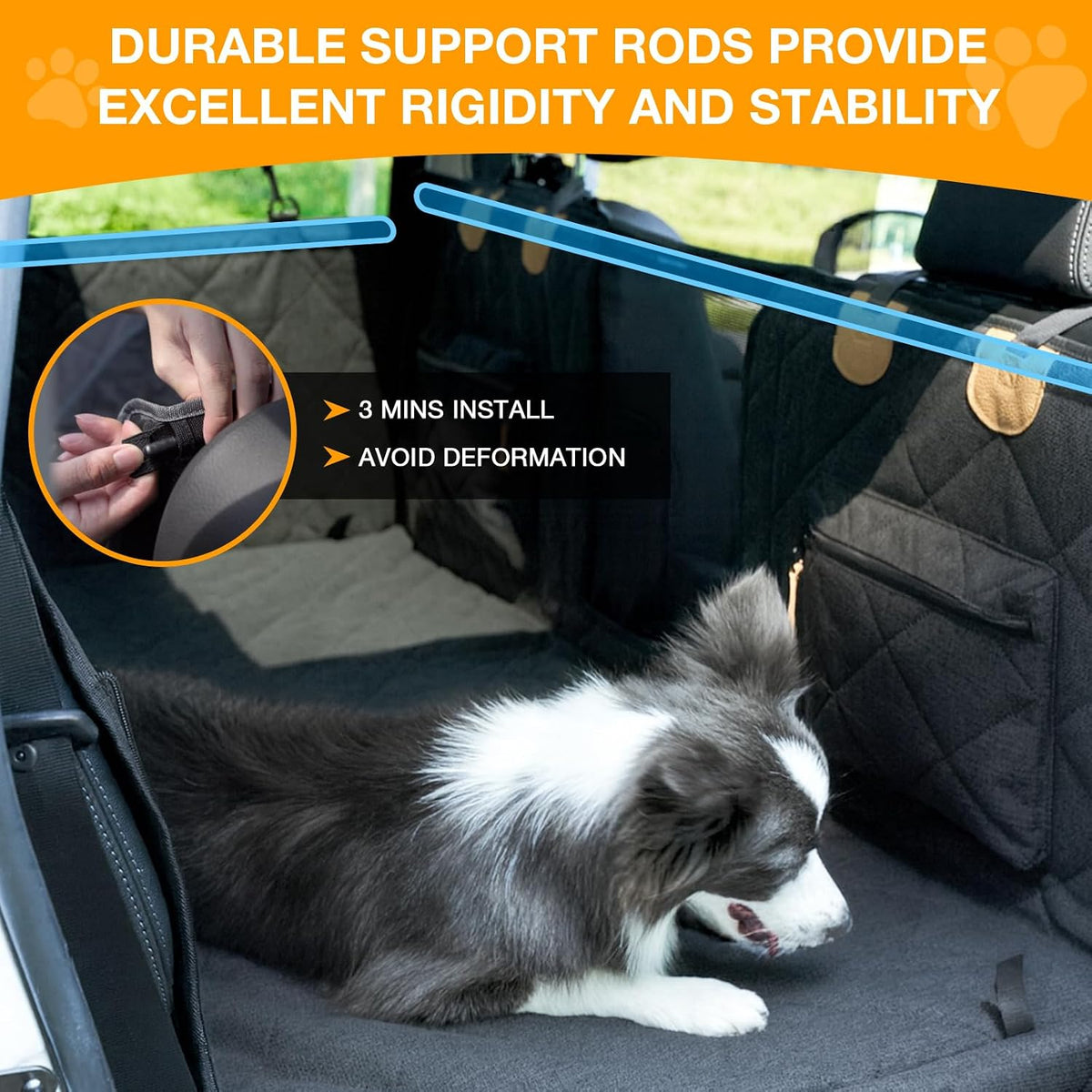 Dog Car Seat Cover for Back Seat, Hard Bottom Back Seat Extender for Dogs, Waterproof Car Hammock, Backseat Bed and Car Seat Protector, Nonslip Fit for Cars, SUVs, Trucks, 52 x 25 in, Black