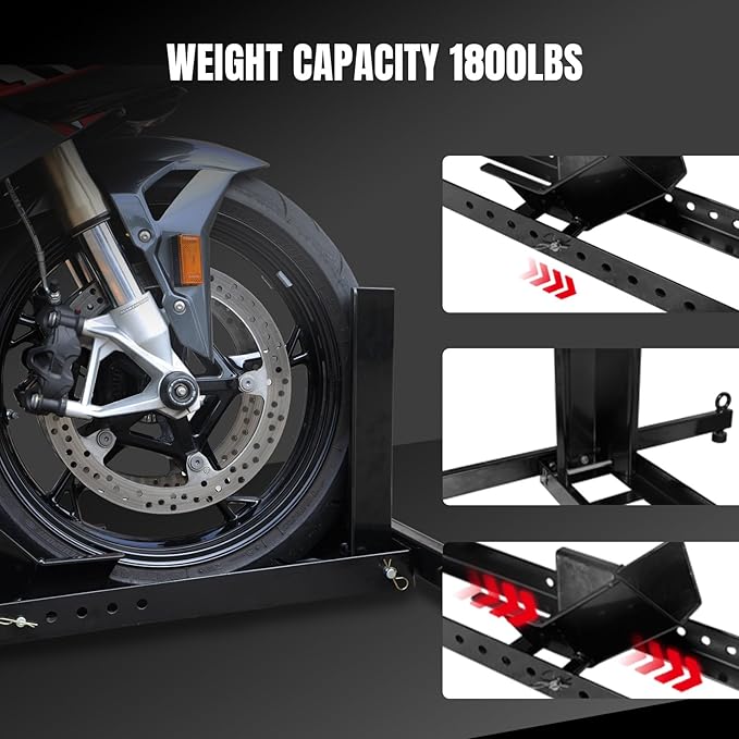 Jack Boss Motorcycle Wheel Chock, Motorcycle Stand Up to 1800LBs, Wide Range 3 Inch to 5 Inch Support Adjustable Front Tire Stand Chocks for Trailer and Truck, Suitable for Most Motorcycles