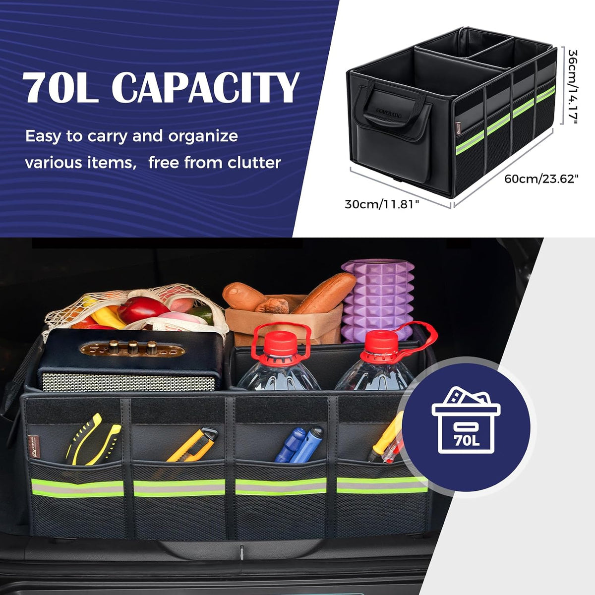 Coverado Car Trunk Organizer - 70L Nappa Leather Trunk Organizer for SUV with Lid, Multi Collapsible Car Storage Organizer Foldable, Multi Compartments with 2 Straps for SUV/Truck