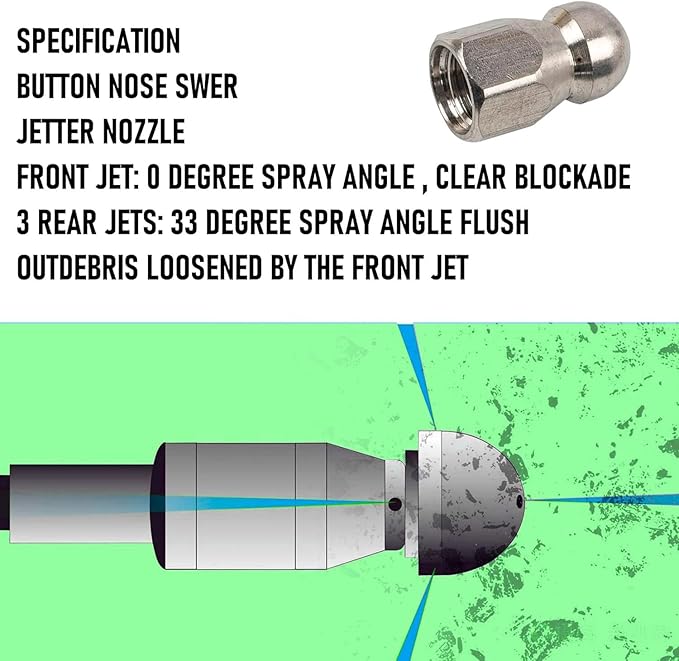 Hourleey Sewer Jetter Kit for Pressure Washer 100FT, 4000 PSI Drain Cleaner Hose 1/4 Inch NPT, Corner Rotating and Button Hose Sewer Jetting Nozzle Pearl Corsage Pin Tape Handle Strap Spanner, Green