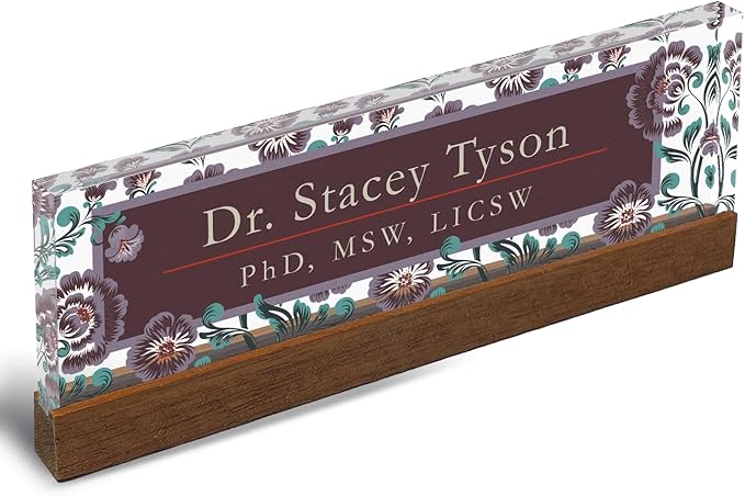 Artblox Personalized Office Desk Name Plate and Business Card Holder | Clear Acrylic Glass with Teak Wood Stand | Vintage Design Customized with Your Name and Credentials Office Desk Décor