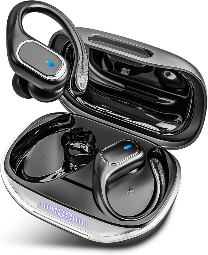 HAOYUYAN Wireless Earbuds Bluetooth 5.3 Headphones with 80H Playback, IPX7 Waterproof Over Ear Buds with LED Power Display for Sports Running Workouts Gray Black