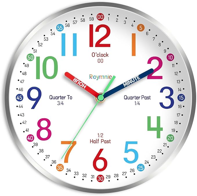 Roymnie Wall Clock for Kids Learning to Tell Time Easily Non Ticking Battery