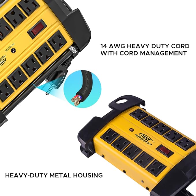 CRST 10-Outlets Heavy Duty Power Strip Metal Surge Protector with 15 Amps, 15-Foot Long Cord 2800 Joules for Garden, Kitchen, Office, School, ETL Listed(2-Pack)