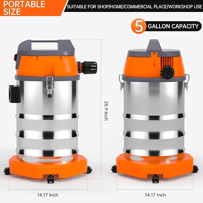 3200W Wet Dry Vacuum Cleaner 10 Gallon 8HP Peak Horsepower Stainless Steel Shop Vac for Garage, Car, Home & Workshop High Suction Power 360° Swivel Wheels, Blower Function & Multiple Attachments