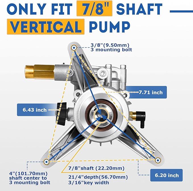 TOOLCY 7/8" Shaft Vertical Pressure Washer Pump - Rear Inlet/Outlet Max 3200 PSI @ 2.5 GPM OEM & Power Washer Pump for Gas Washer, More Replacement for Simpson, Ryobi, Honda etc