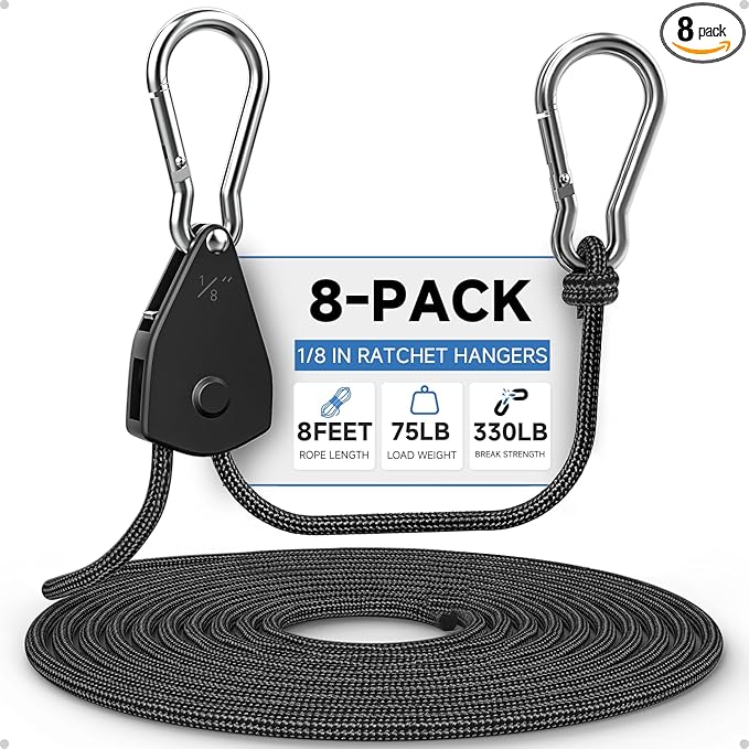 Fondwell 1/8" Adjustable Grow Light Hangers: 8 Pack of Tie Downs Rope - Small Ratchet Straps for Various Hanging and Strapping