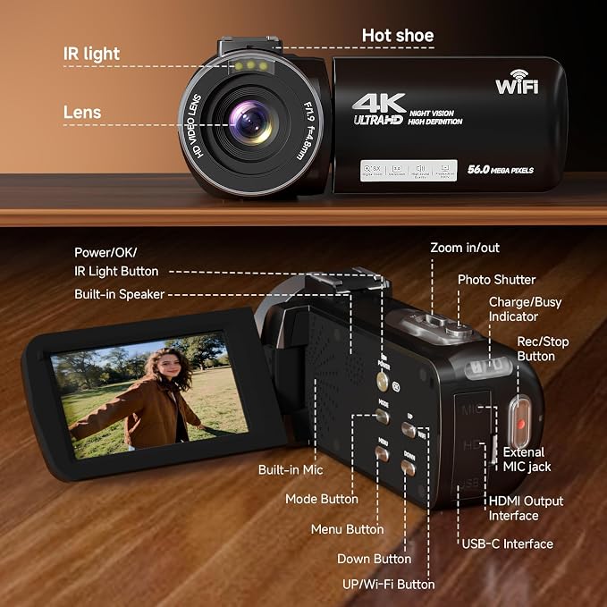 Video Camera, 4K Camcorder 56MP Digital Video Recorder 18X Zoom 3" 270°
