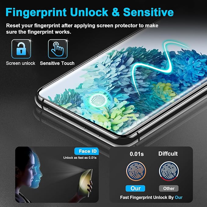 3 Pack Galaxy S20 Screen Protector, HD Clear Tempered Glass, Fingerprint Unlock