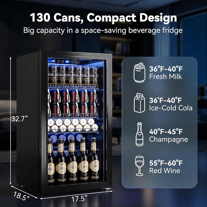 130 Can Beverage Refrigerator, 3.2 Cu.Ft Mini Fridge Beverage Cooler | Glass Door, 35–65°F Digital Temperature Display, Adjustable Shelves, Beverage Fridge for Soda, Beer & Wine