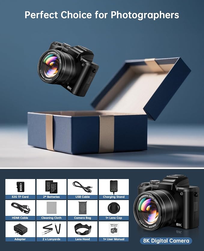 XNSIAKXA 8K Digital Cameras for Photography Autofocus 88MP WiFi Professional
