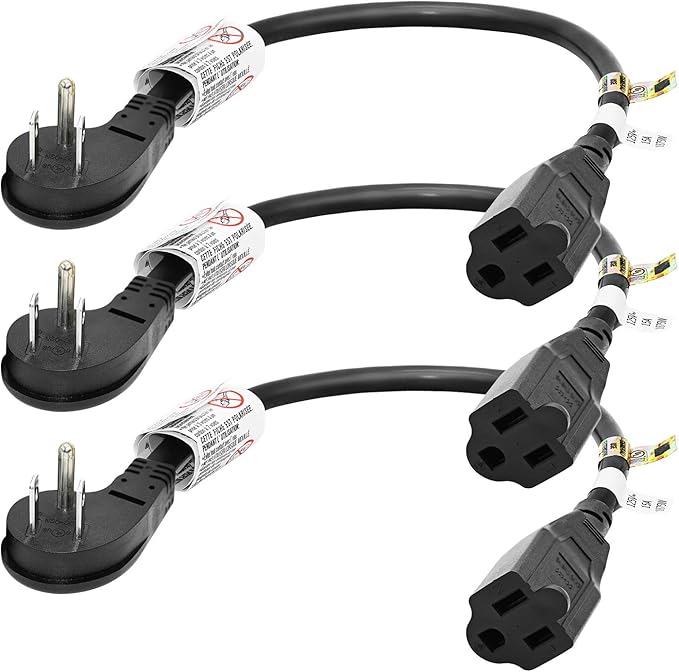 FIRMERST 1875W Flat Plug 1 Foot Extension Cord 14 AWG 15A Black, 3 Packs