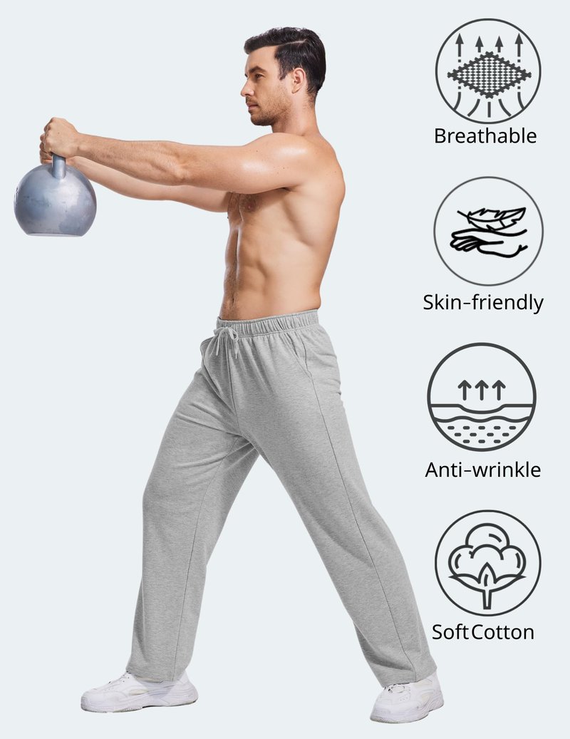 PINSPARK Men's Sweatpants with Pockets Open Bottom Jogger Sweatpants Uncuffed Lightweight Straight Leg Sweat Pants for Men Grey
