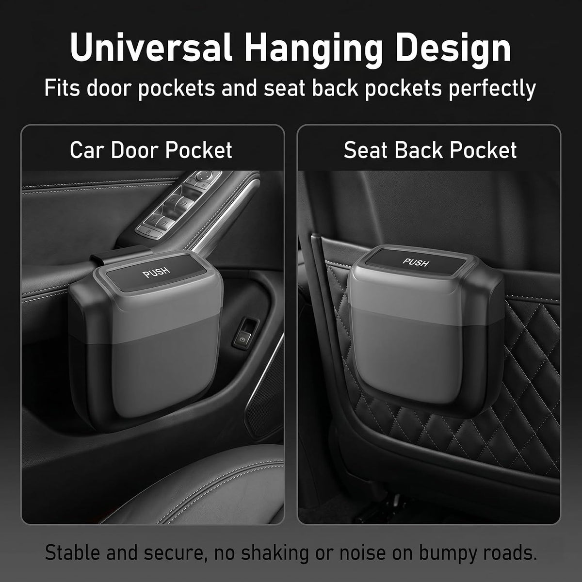 Car Trash Can with Lid, Mini Portable Hanging Clutter Canister with Trash Bags, Waterproof Leakproof Push-Button Storage Bucket, Universal Interior Accessories for Cars Trucks SUVs (Black)