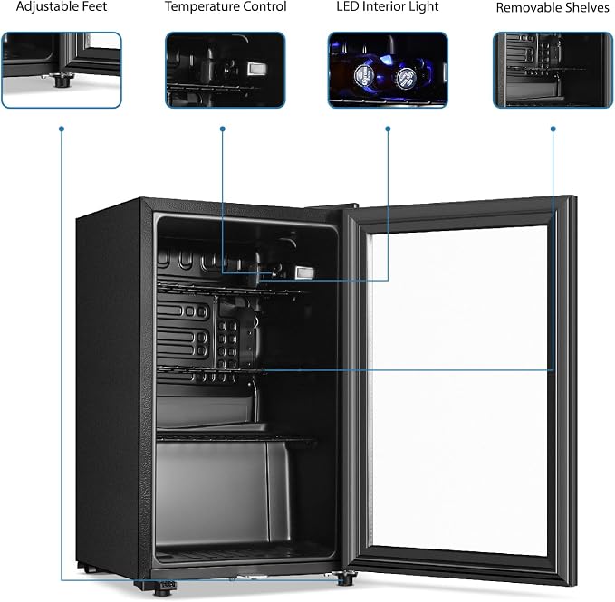 Saeoola Beverage Refrigerator, 2.3Cu.ft Mini Fridge with Double Glass Door, Cooler for Soda, Beer or Wine for Home, Office or Bar with Adjustable Removable Shelves (Black)