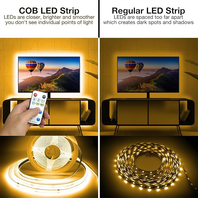 DAYBETTER COB LED Strip Lights, 16.4 ft/5 m 1600 LEDs Bright Warm White LED Light Strips with Remote and App, 3000K Dimmable LED Tape Light, Indoor COB LED Lights for Bedroom, DIY Lighting, Room Decor