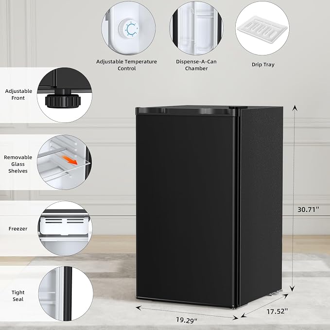Antarctic Star 3.2 Cu.Ft.Compact Refrigerator with Freezer, Mini Fridge Single Door with Adjustable Thermostat,Removable Glass Shelves for Apartment,Dorm,Office,Kitchen，BLACK