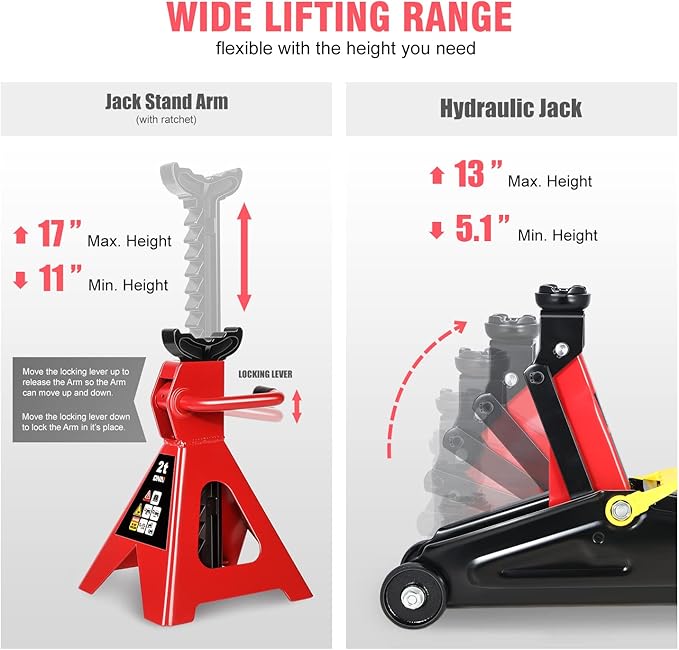 DNA Motoring 2 Ton Car Jack and Stands Kit 2T(4000 lbs) Capacity Low Profile Hydraulic Trolley Service/Floor Jack with 2 Ratchet Stands Combo for Home Garage Shop, Red/Black, TOOLS-00280