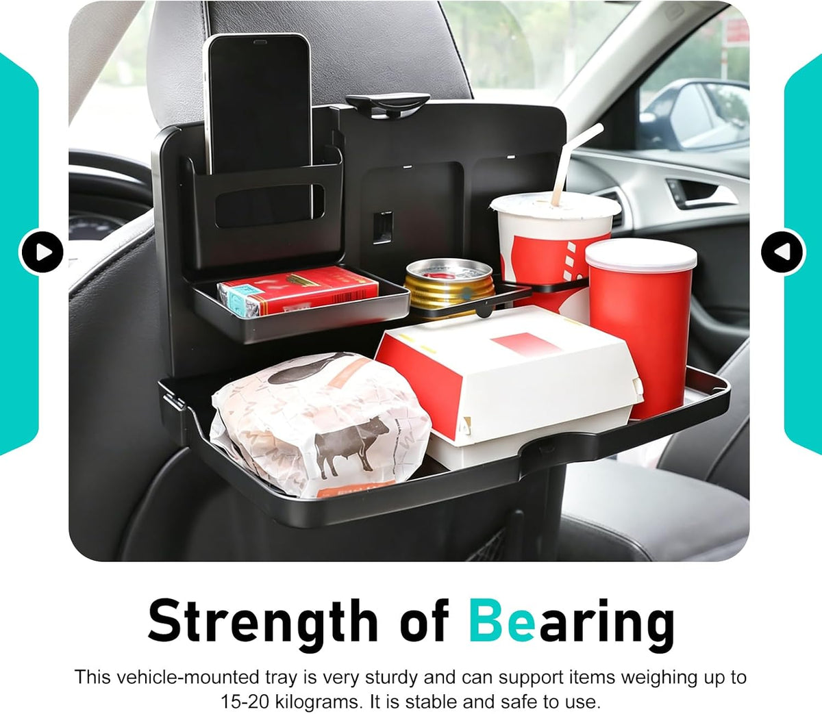 Car Food Tray Holder, Multifunctional Foldable Car Backseat Travel Tray, 13.38" x 7.87" Back Headrest Seat Eating Food Trays, for Food, Meal, Snack, Drinks (Black)