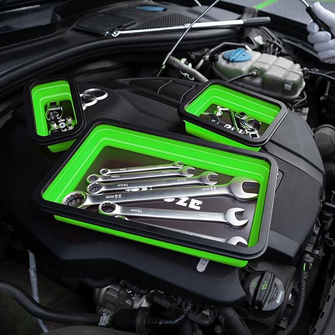 Collapsible Magnetic Parts Organizer Trays & 12" Flexible Magnetic Pickup Tool, 3 Different Size Magnet Tool Trays & Pick-Up Sweeper for Screw, Bolts, Nuts, Washers, Pins and Metal Parts, Green