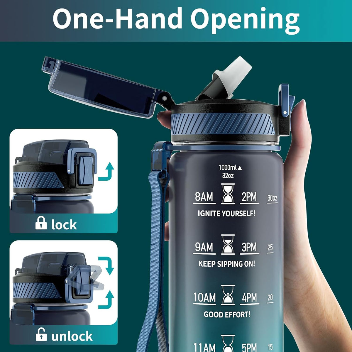 QLUR 32oz Motivational Water Bottle - BPA-Free Tritan with Time Marker & Carry Strap for Fitness | Leakproof