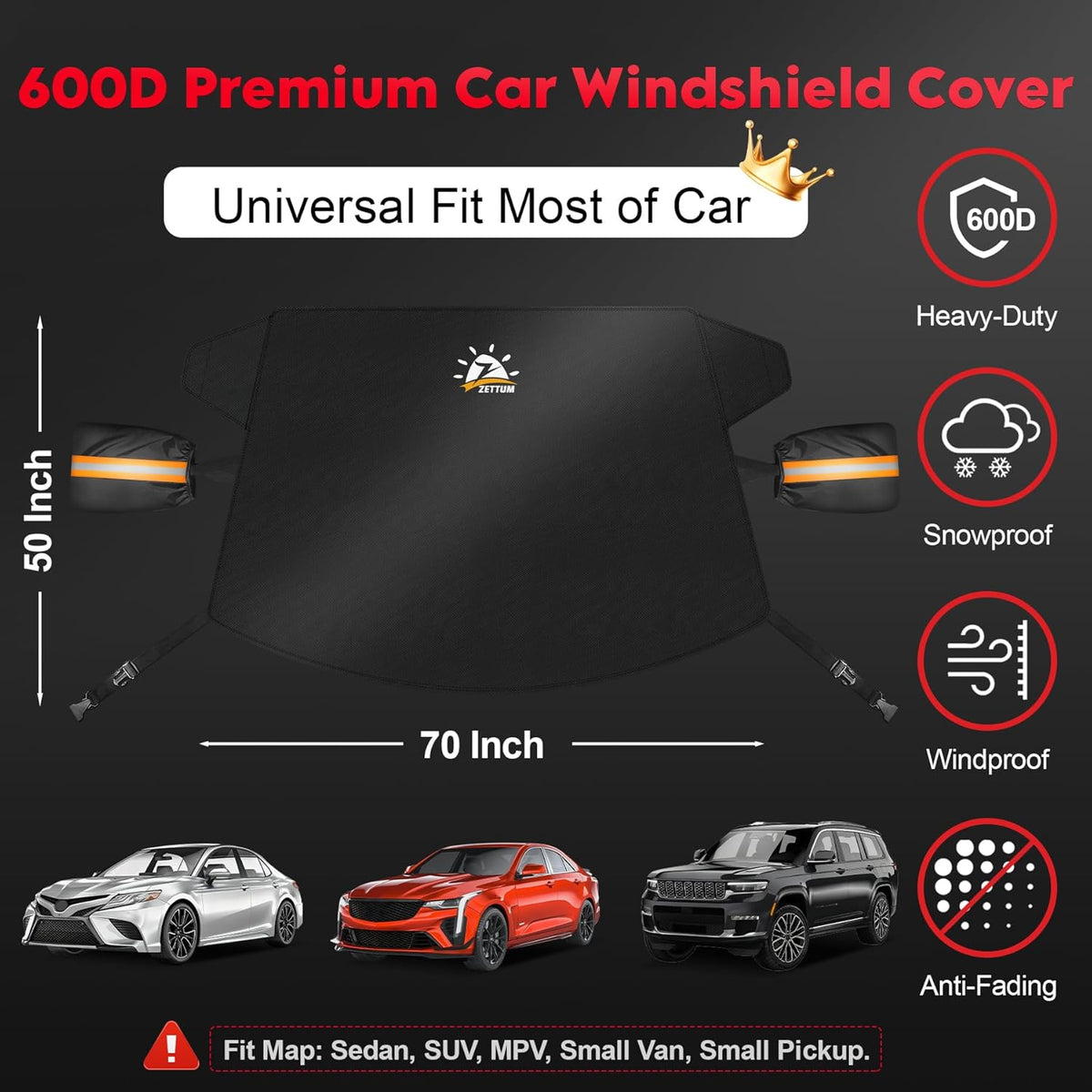 Zettum Car Windshield Cover for Ice and Snow - 600D Windshield Snow Cover with Side Mirror Cover Heavy Duty, Standard Winter Frost Hail Protector for Most Car, Truck, SUV, Van and MPV (70 x 50 Inch)