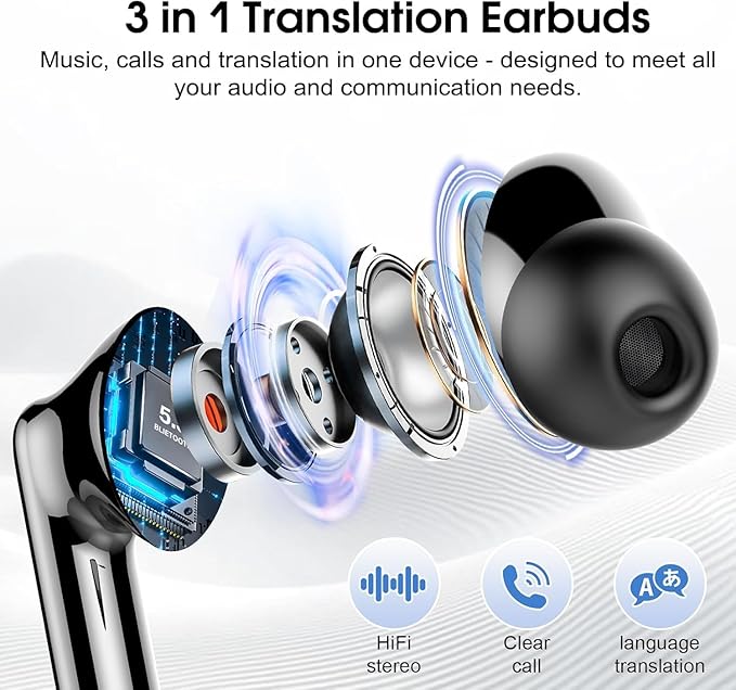 Ai Translation Earbuds Real Time, 3-in-1 Buletooth 5.3 Translator Earbuds