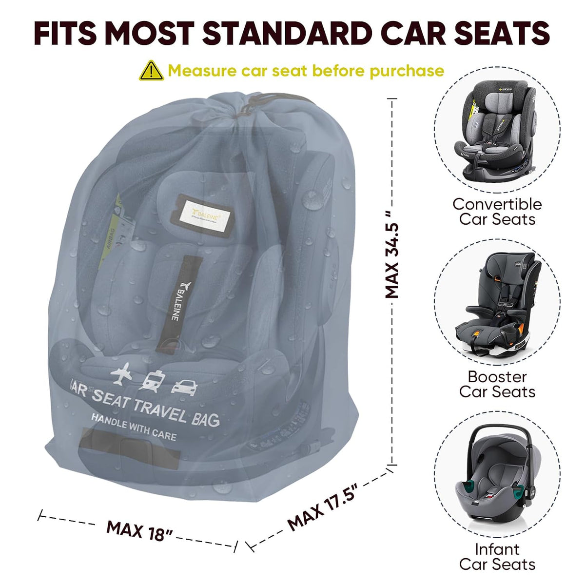 BALEINE Car Seat Travel Bag for Airplane, Water-Resistant Car Seat Bags for Air Travel, Foldable Cover with 3 Handles, Fits Toddler Carseat, Convertible and Booster Seats(Blue)