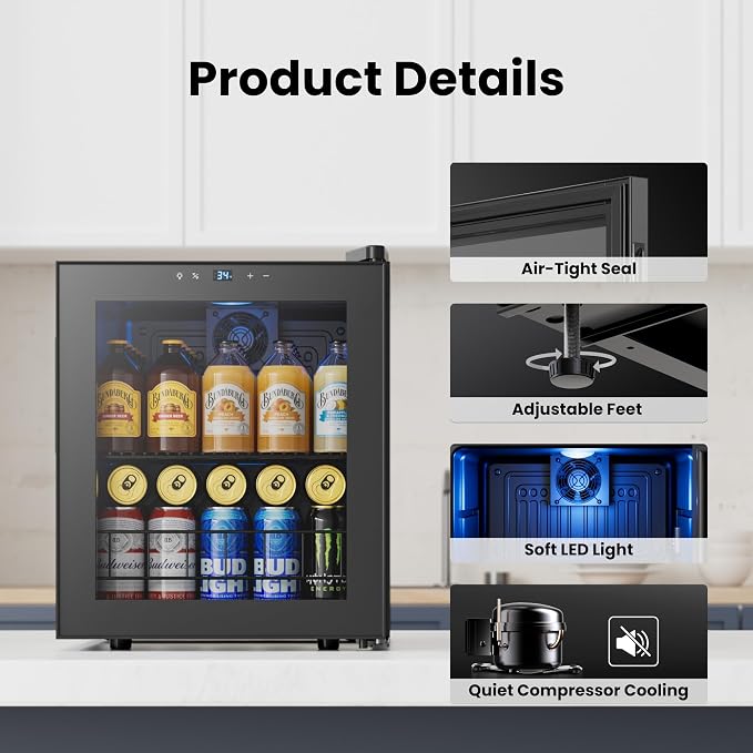 Yeego Beverage Refrigerator Drink Cooler, 65 Cans Mini Fridge Glass Door | Soda Wine Beer Cooler, 34°F To 54°F Temperature Control, for Home Office Bar, Countertop, Black
