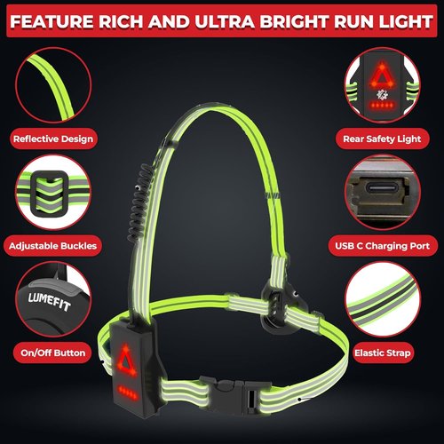 LUMEFIT Running Lights - Adjustable LED Chest Light with Yellow Reflective Vest for Night Safety | Rechargeable Jogging Gear