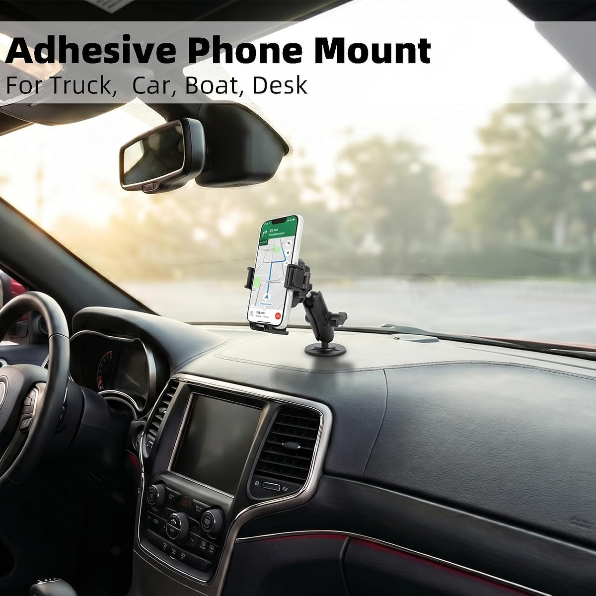 Dashboard Phone Holder for Car, Truck, Boat - Vibration Dampener [Camera Friendly] [1s Lock & Release] [Aluminum Medium Arm], Flex Adhesive 1" Ball Base Phone Mount for 4.7-7.2" Smartphones