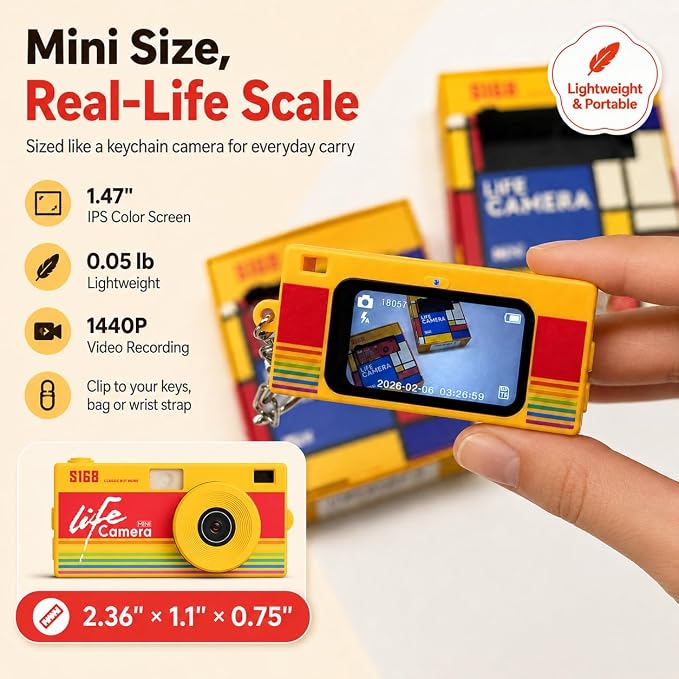 Mini Keychain Digital Camera, 1440P Video, 2MP Photos, 16GB Card, Type C