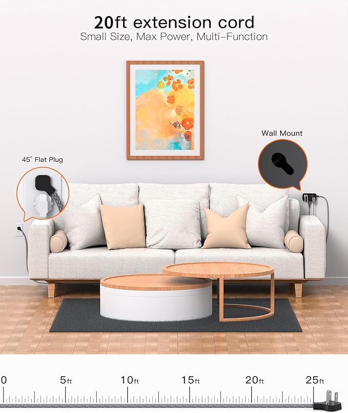 Extension Cord 20 Ft, BESHON Flat Plug Power Strip with 6 Outlets with 4 USB Ports(2 USB C), No Surge Protector for Home Office College Dorm Room Travel Essentials, Black