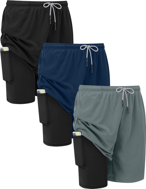 HovSiyla Men's 2-in-1 Running Shorts - Quick Dry Athletic Gym Wear with Zipper Pocket | Lightweight 3-Pack