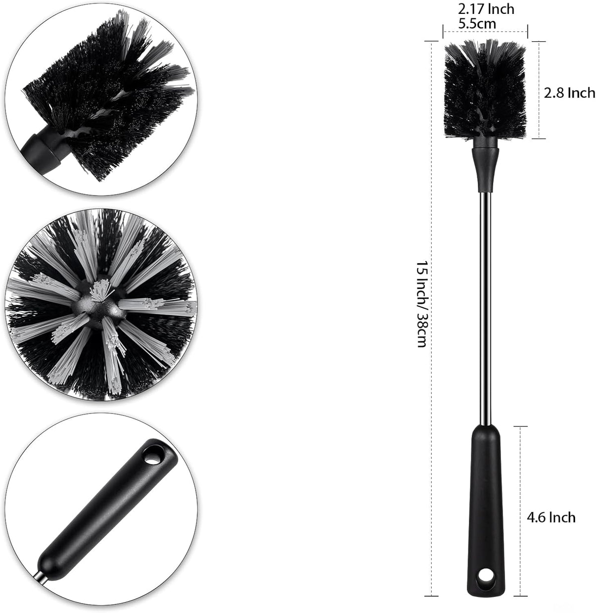 Skiennix Water Bottle Brush - 15-Inch Stainless Steel Handle for Easy Cleaning | Ideal for Cups, Tumblers, and Decanters - Black