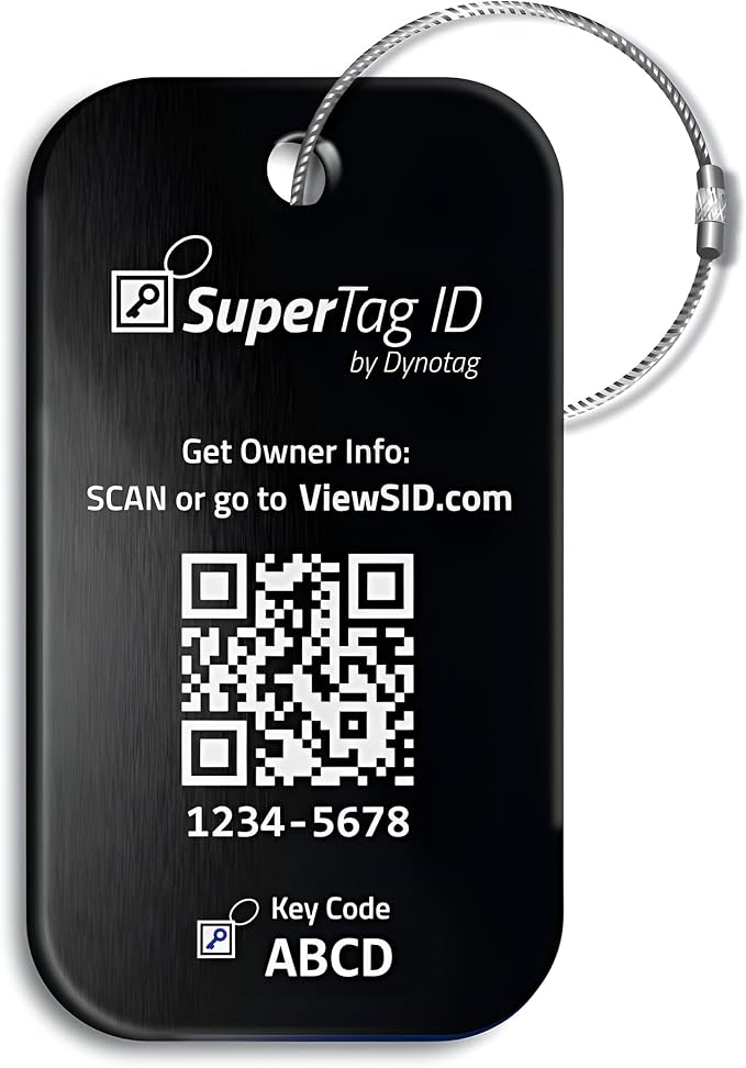 Dynotag® Sentry Series Solid Metal Web Enabled Smart Luggage Tag ID + Steel Loop, Anodized Aluminum with DynoIQ™ & Lifetime Recovery Service (Midnight Black)