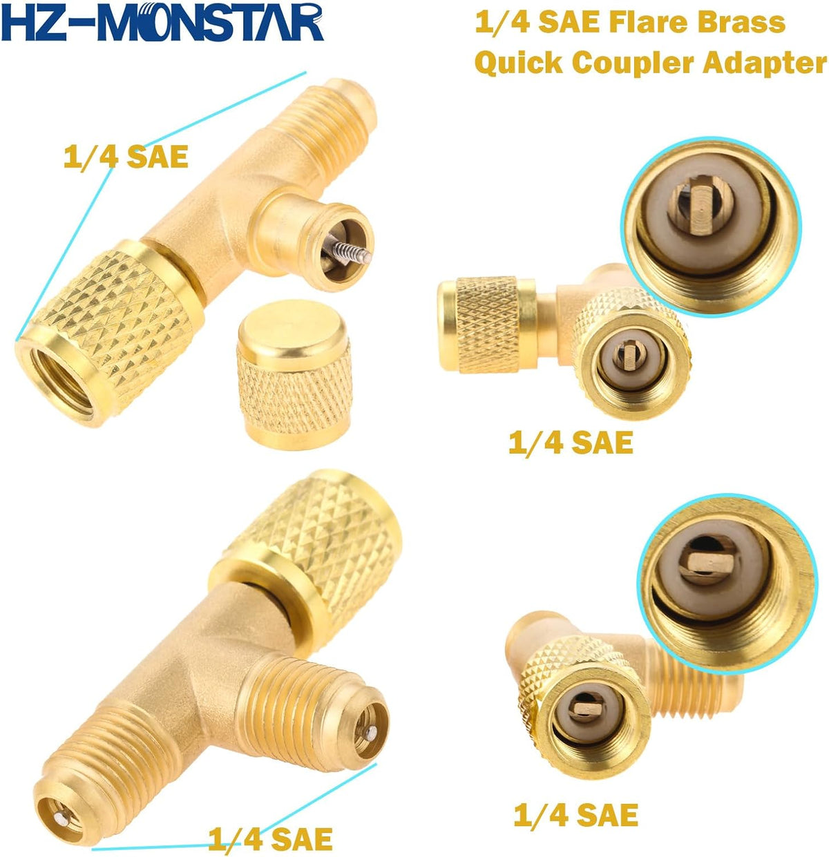 HVAC Service Access Valves Kit 1/4" SAE x 1/4" OD x 2.5" Stem | 1/4 SAE Flare Brass Quick Coupler Adapter, Quick Coupler Access Tee for HVAC Refrigerant System R12 R22 R502 R134A