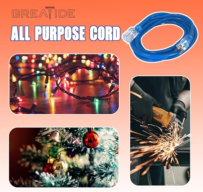 Extension Cord with Lighted End, 12 Gauge Heavy Duty Outdoor Extension Cord 15 FT, 3 Prong Grounded 15 Amp, 12/3 SJTW Waterproof Power Cord for Appliance, Blue