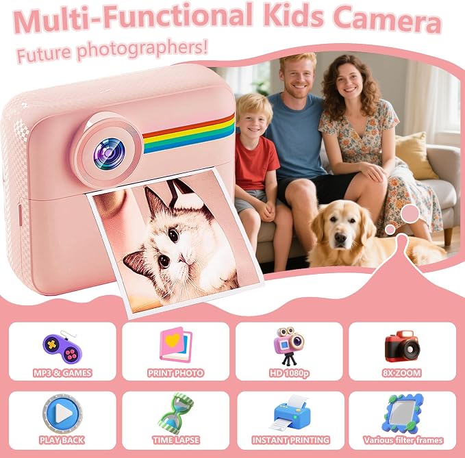 Kids Camera Instant Print with Color Printing Paper and Protective Case 32GB
