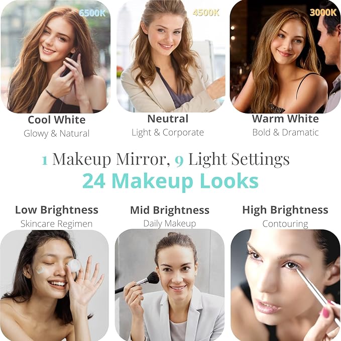 LUXFURNI Large Hollywood Vanity Mirror with Lights, 25" Lx21 W Lighted Makeup Mirror with 18 Dimmable Bulbs, Smart Touch Control 3 Color Lighting Modes, White