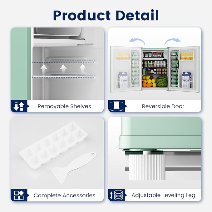 2.6 Cu Ft Small Fridge with Freezer for Office Green | Mini Refrigerator for Dorm Bedroom, Compact Fridge, Energy-efficient, Low Noise