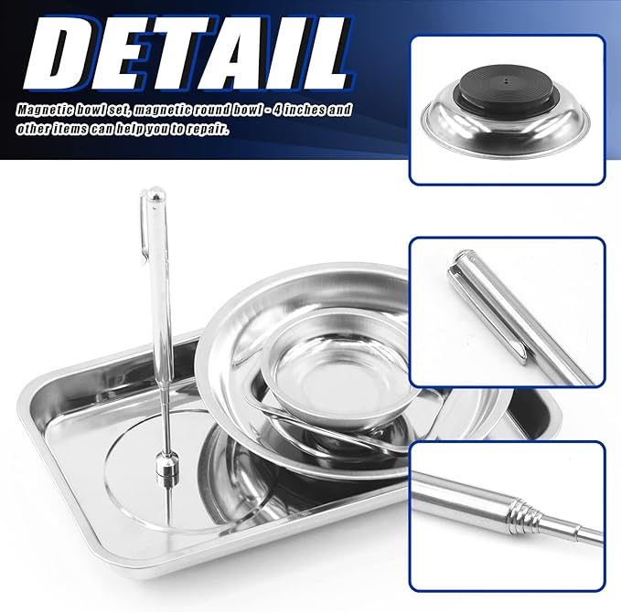 Glarks 5 Pieces Magnetic Tool Trays with Magnetic Pickup Tool Set 3" 6" Round Magnet Bowl and 9.5" x 5.5" / 3.6" x 2.4" Rectangular Magnet Parts Tray for Socket Screw Nuts Bolts Pins Metal Tool