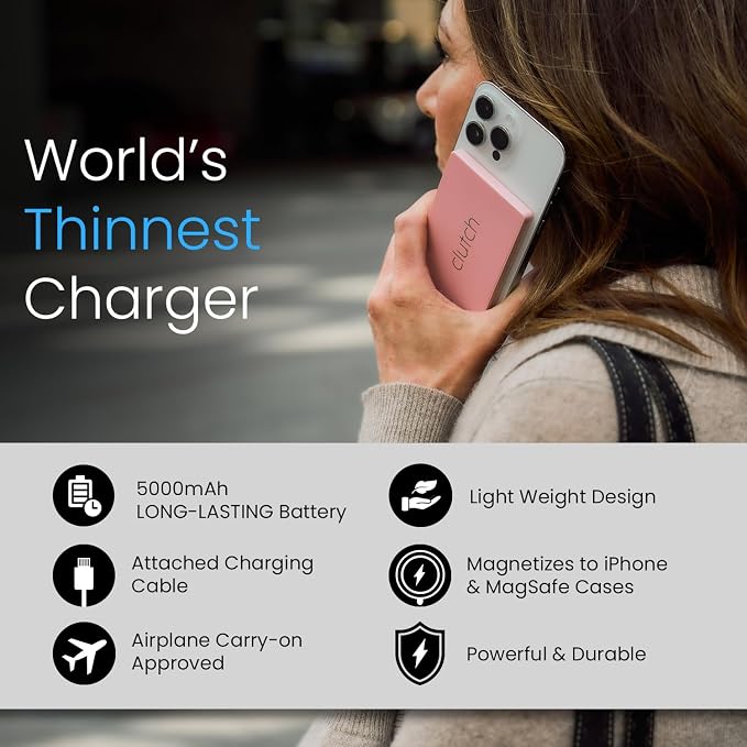 Clutch Pro – World's Thinnest iPhone Charger – Portable Power Bank 5000mAh – Magnetic Built-in Lightning Cable – TSA Approved Travel Charger – iPhone 14 & Earlier – Pink
