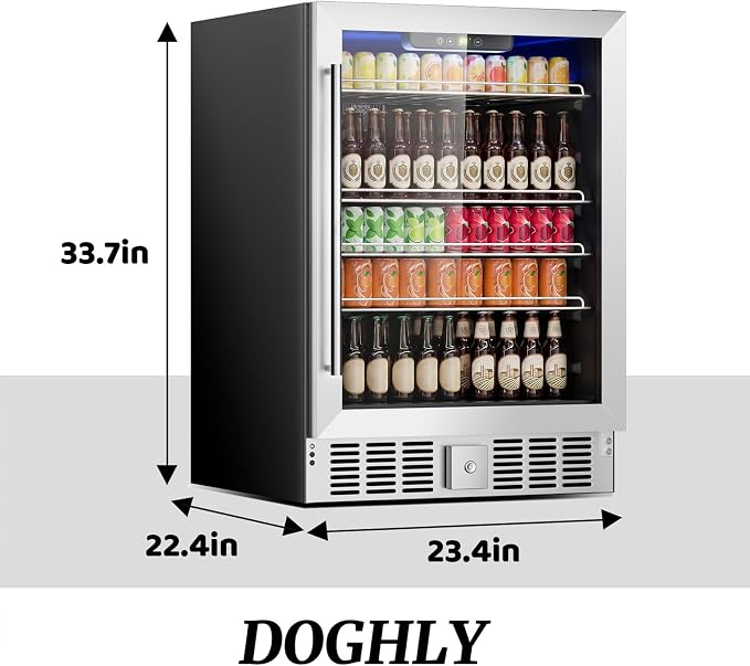 DOGHLY 24 Inch Beverage Refrigerator, 182 Cans Drink Fridge with Glass Door | Built-in Cooler for Soda Wine Beer, Advanced Cooling, Safety Lock, Freestanding Beverage Fridge for Kitchen Bar Office