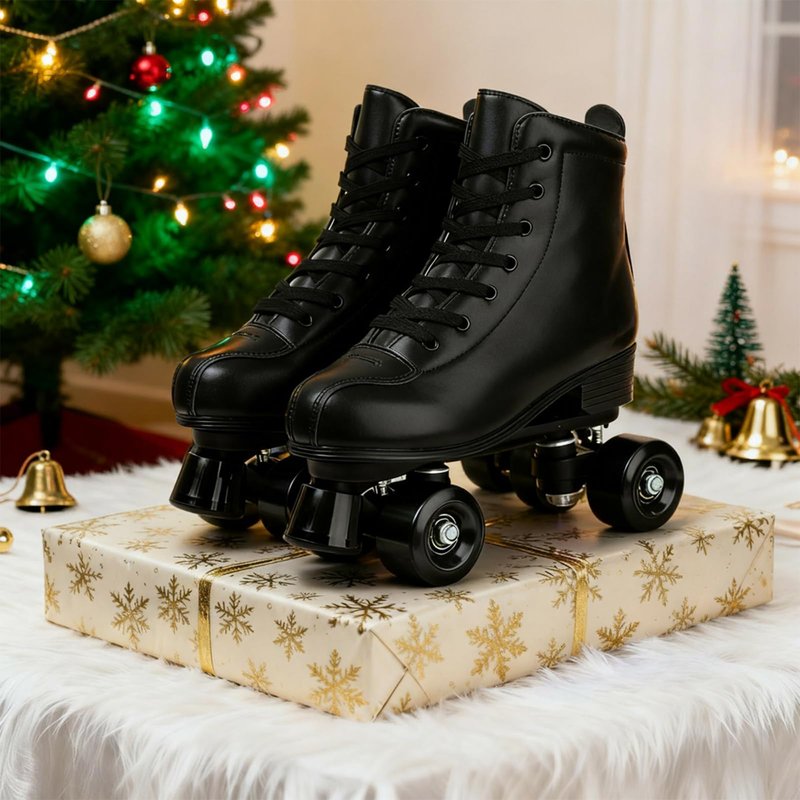 Womens Roller Skates Light Up Wheels, Artificial Leather Adjustable Double Row 4 Wheels Roller Skates Shiny Skates for Teens,Adult (Black Wheel,40-US: 8.5)